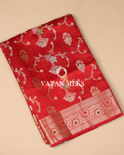 Red Pure Dupion Katan Silk Saree