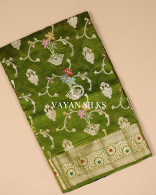 Green Pure Dupion Katan Silk Saree