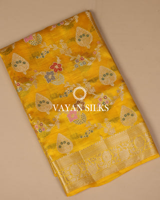 Yellow Pure Dupion Katan Silk Saree