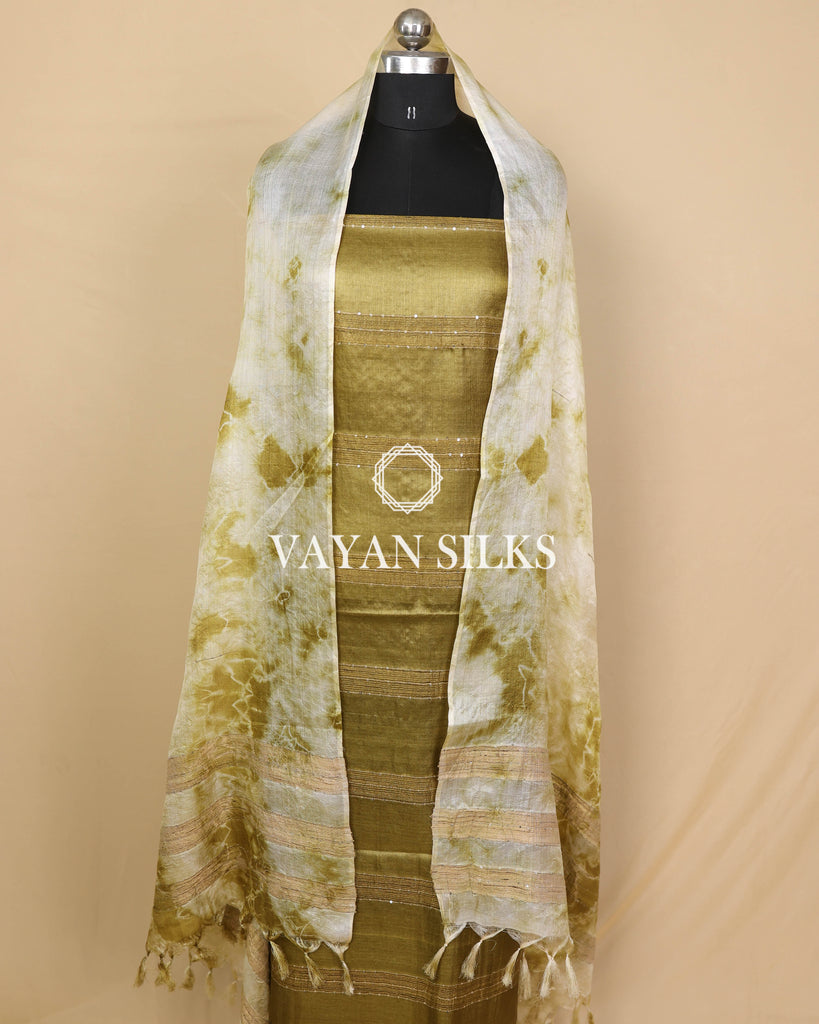 Cream Olive Green Woven Pure Tussar Silk Unstitched Suit Set