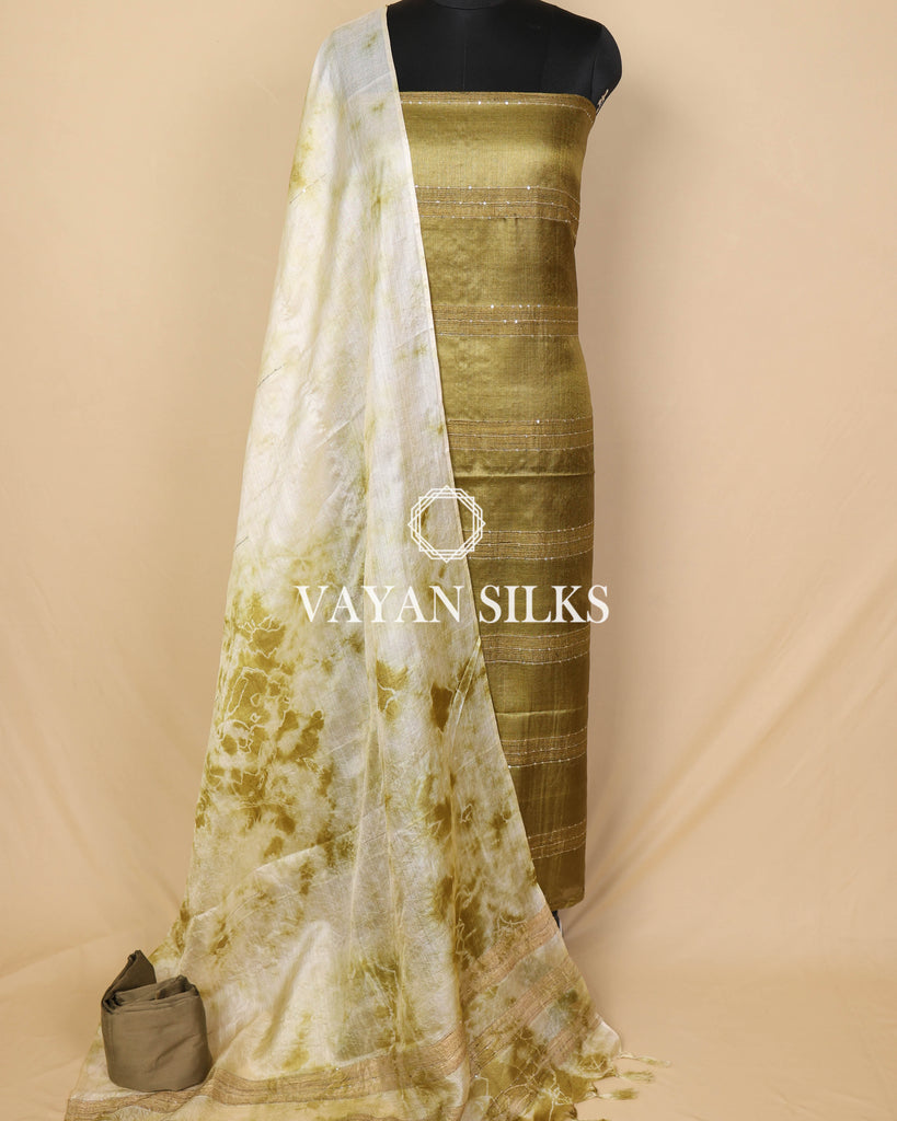 Cream Olive Green Woven Pure Tussar Silk Unstitched Suit Set