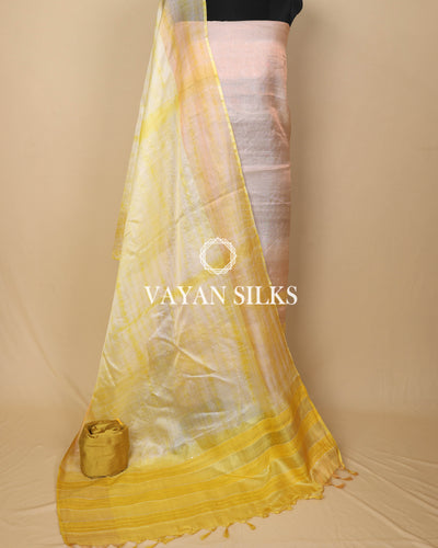 Off White Yellow Woven Pure Tussar Silk Unstitched Suit Set