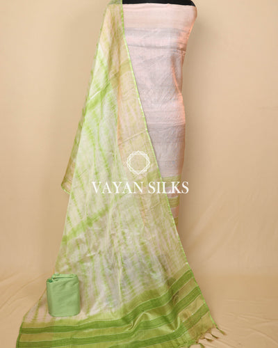 Peach Lime Green Woven Pure Tussar Silk Unstitched Suit Set