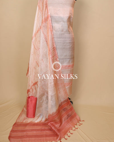 Peach Coral Pink Woven Pure Tussar Silk Unstitched Suit Set