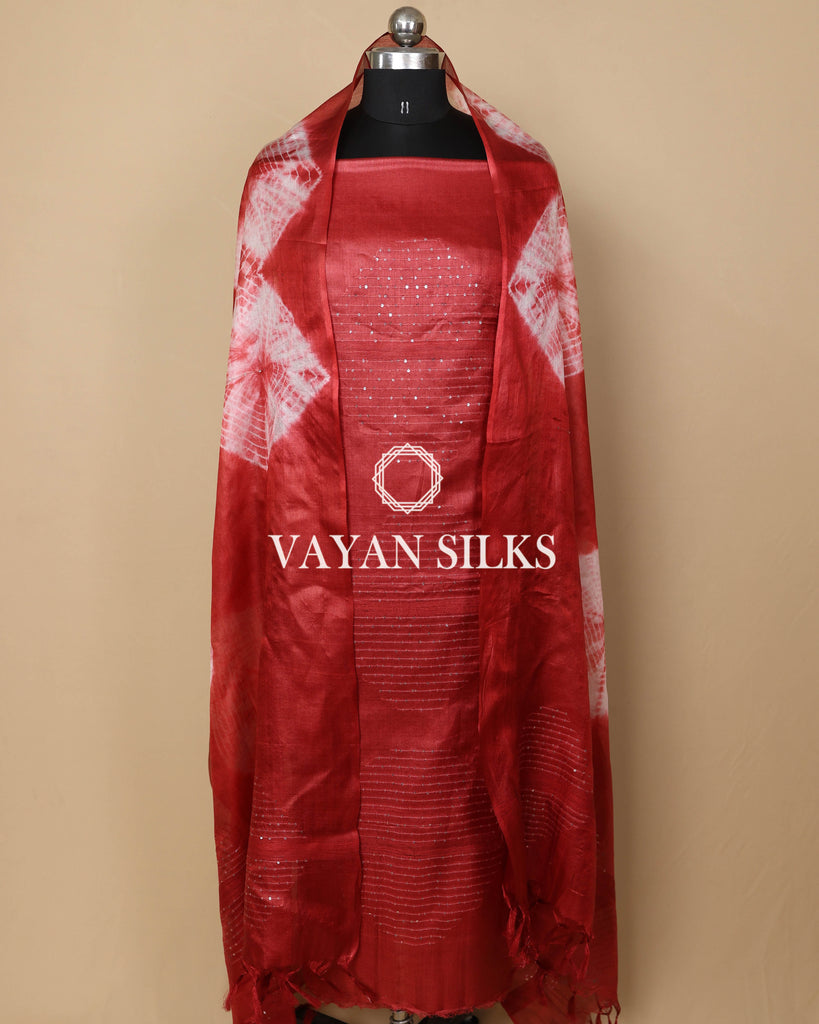 Red White Woven Pure Tussar Silk Unstitched Suit Set