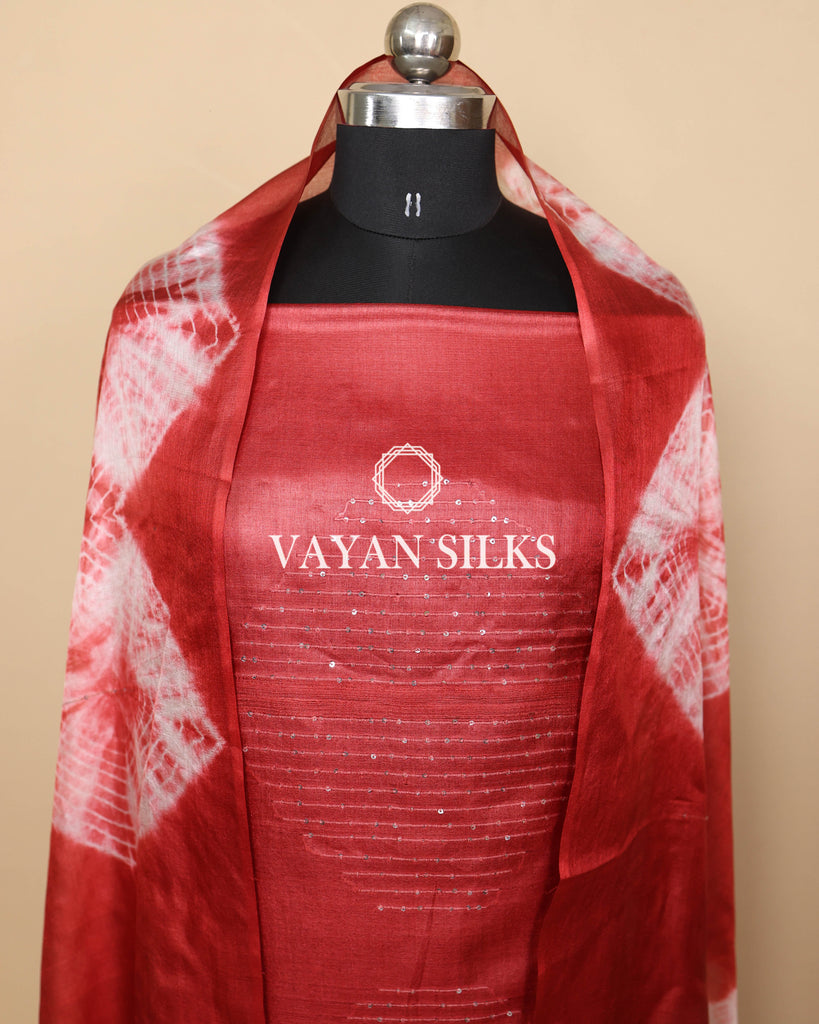 Red White Woven Pure Tussar Silk Unstitched Suit Set