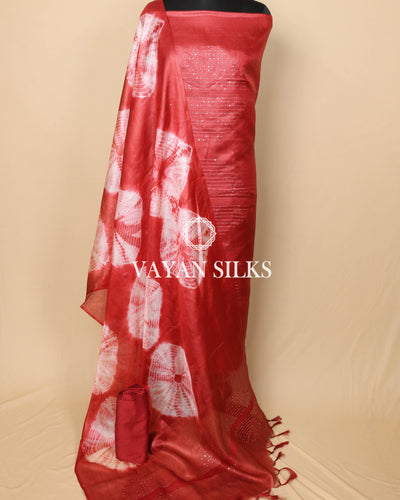 Red White Woven Pure Tussar Silk Unstitched Suit Set