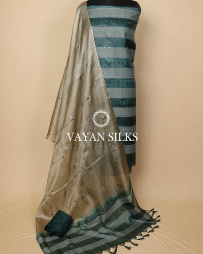 Green Beige Woven Pure Tussar Silk Unstitched Suit Set