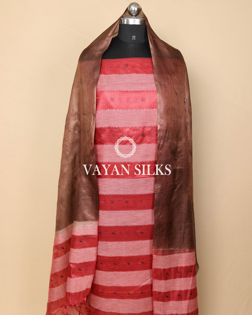 Dark Brown Red Woven Pure Tussar Silk Unstitched Suit Set