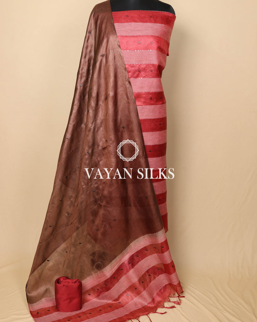 Dark Brown Red Woven Pure Tussar Silk Unstitched Suit Set