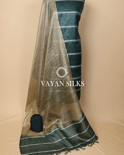 Teal Green Dark Beige  Pure Tussar Silk Unstitched Suit Set