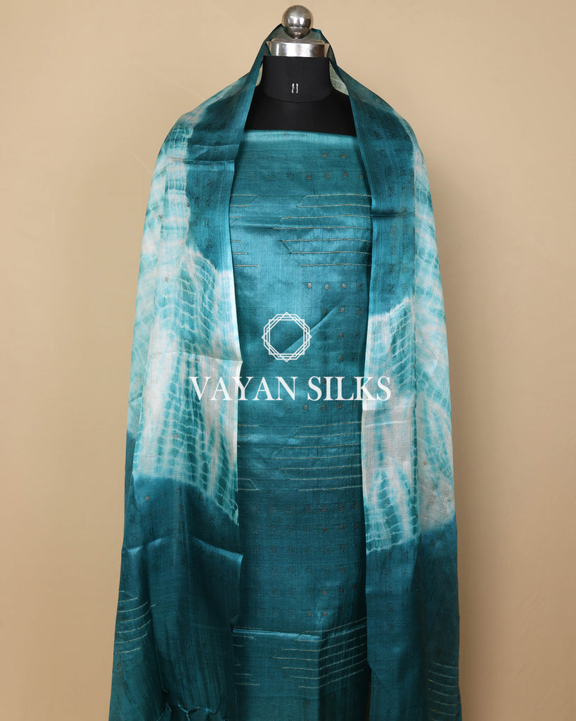Teal Blue White Woven Pure Tussar Silk Unstitched Suit Set