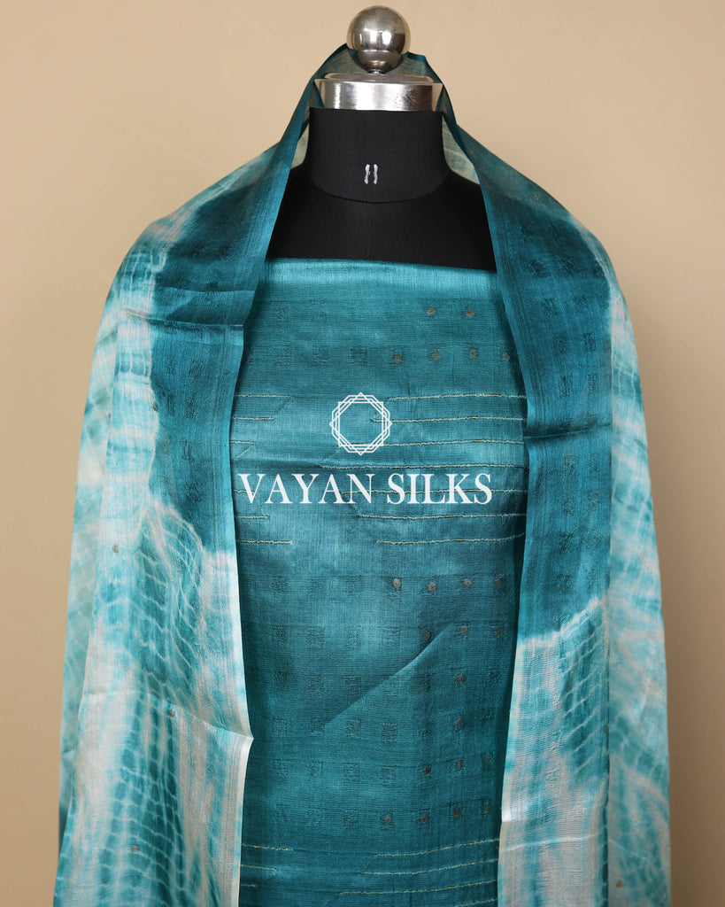 Teal Blue White Woven Pure Tussar Silk Unstitched Suit Set