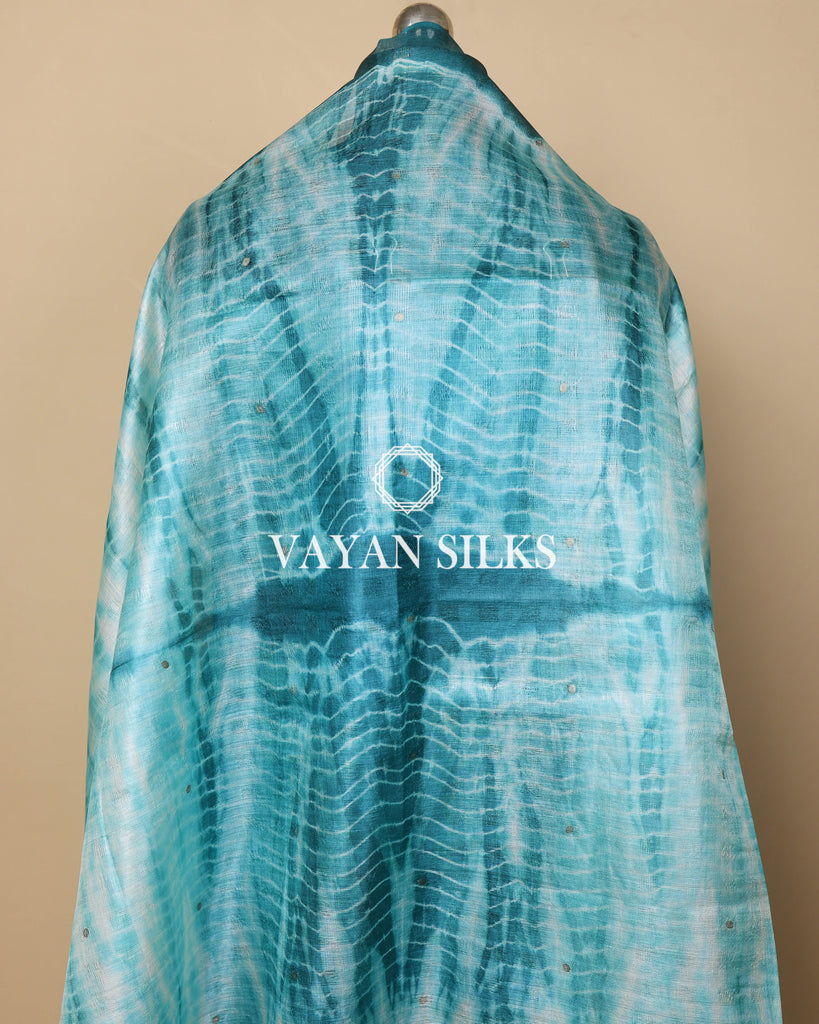 Teal Blue White Woven Pure Tussar Silk Unstitched Suit Set
