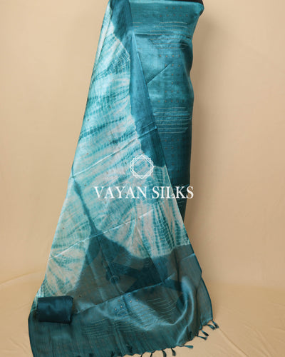 Teal Blue White Woven Pure Tussar Silk Unstitched Suit Set
