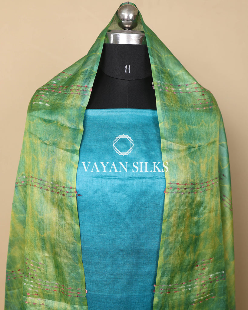Green Blue Woven Pure Tussar Silk Unstitched Suit Set