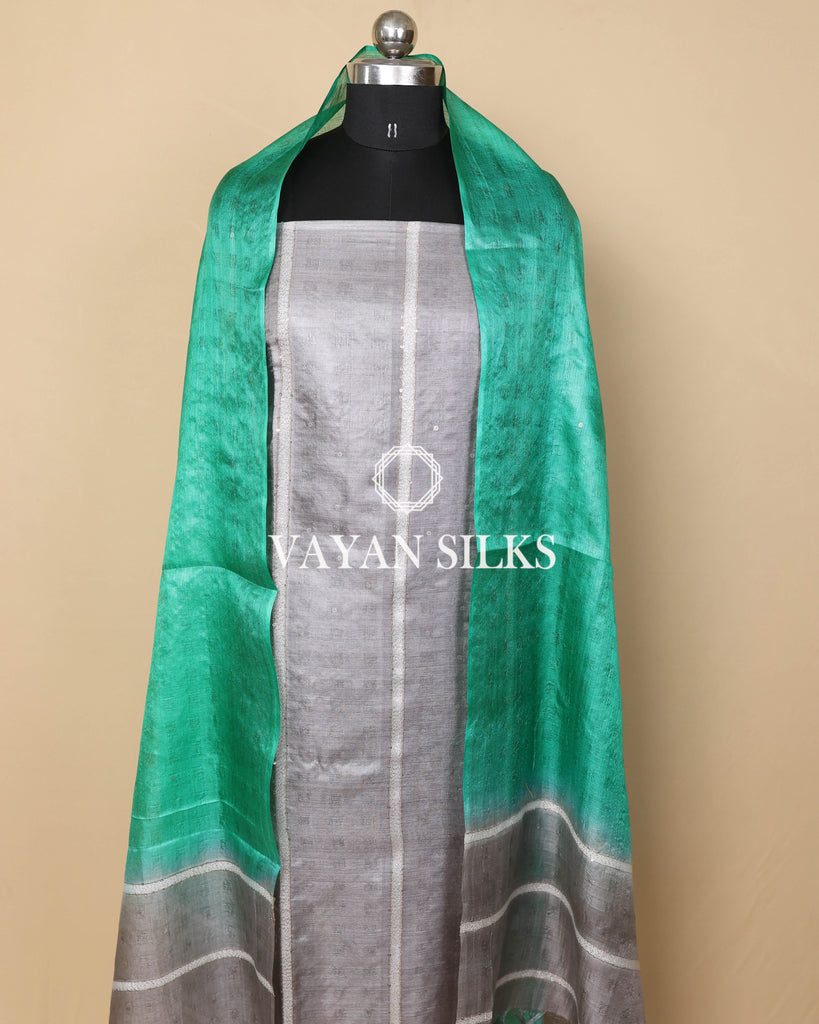 Green Grey Woven  Pure Tussar Silk Unstitched Suit Set