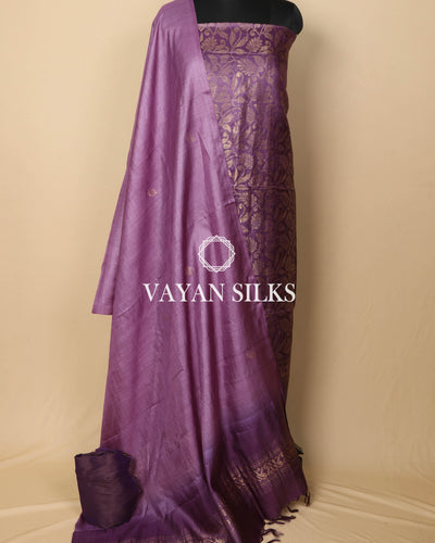Purple Woven Pure Tussar Silk Unstitched Suit Set