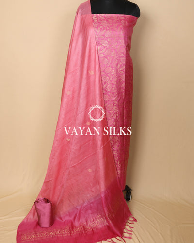 Light Pink Woven Pure Tussar Silk Unstitched Suit Set