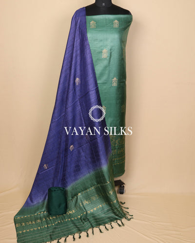Bottle Green Dark Blue Woven Pure Tussar Silk Unstitched Suit Set
