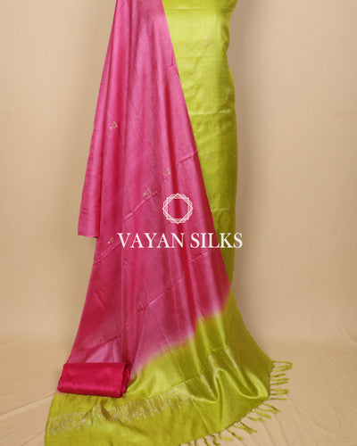 Neon Green Pink Woven Pure Tussar Silk Unstitched Suit Set
