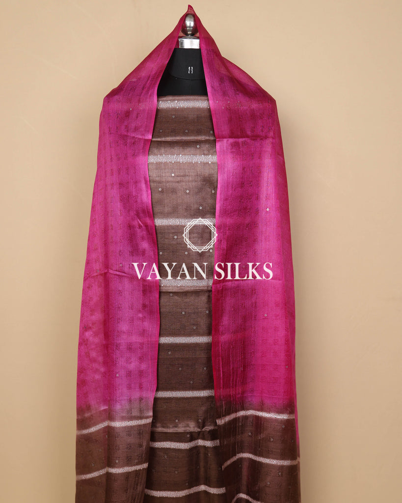 Pink Brown Woven  Pure Tussar Silk Unstitched Suit Set