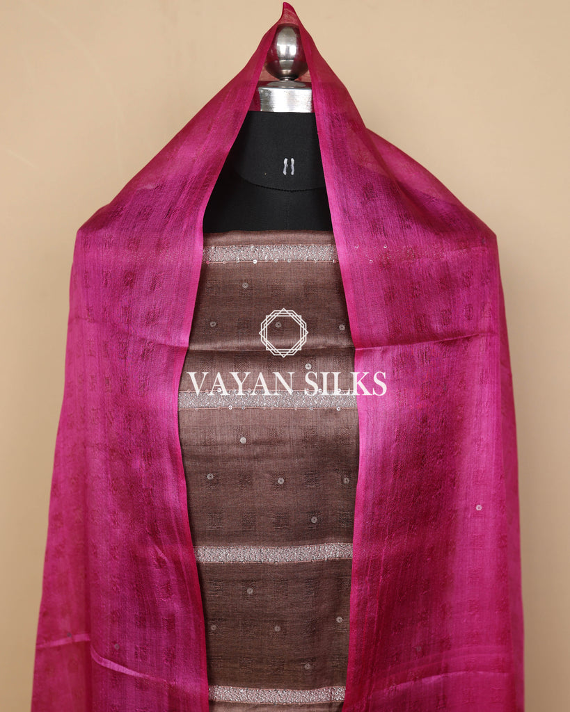 Pink Brown Woven  Pure Tussar Silk Unstitched Suit Set