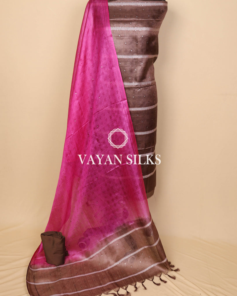 Pink Brown Woven  Pure Tussar Silk Unstitched Suit Set