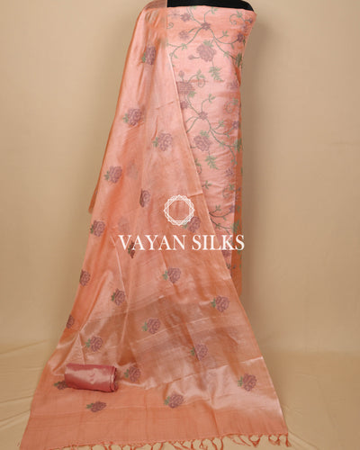 Peach Embroidered Pure Tussar Silk Unstitched Suit Set
