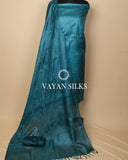 Teal Blue Embroidered Pure Tussar Silk Unstitched Suit Set
