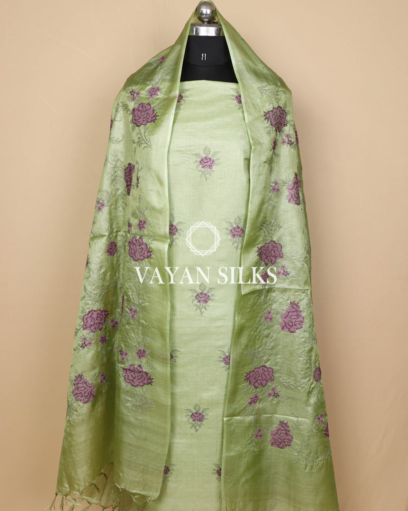 Olive Green Embroidered Pure Tussar Silk Unstitched Suit Set