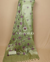 Load image into Gallery viewer, Olive Green Embroidered Pure Tussar Silk Unstitched Suit Set