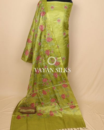 Green Embroidered Pure Tussar Silk Unstitched Suit Set