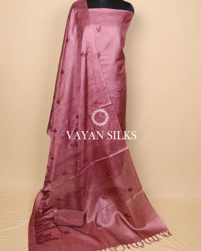 Wine Embroidered Pure Tussar Silk Unstitched Suit Set