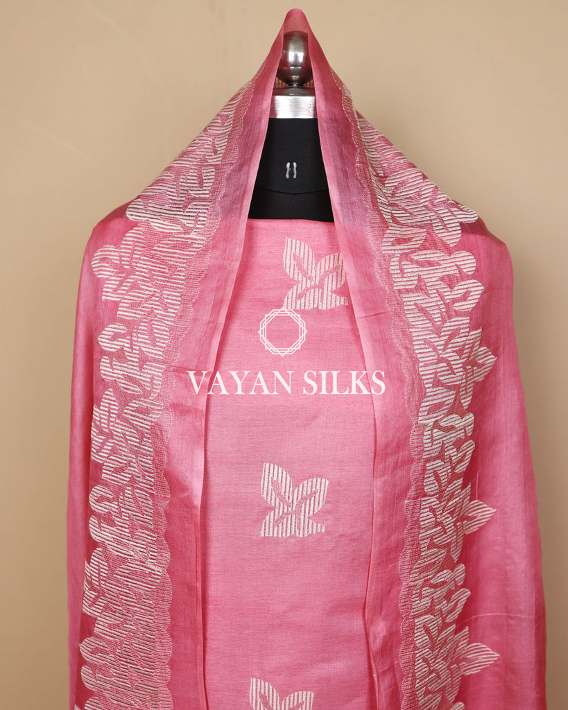 Pink Embroidered Pure Tussar Silk Unstitched Suit Set