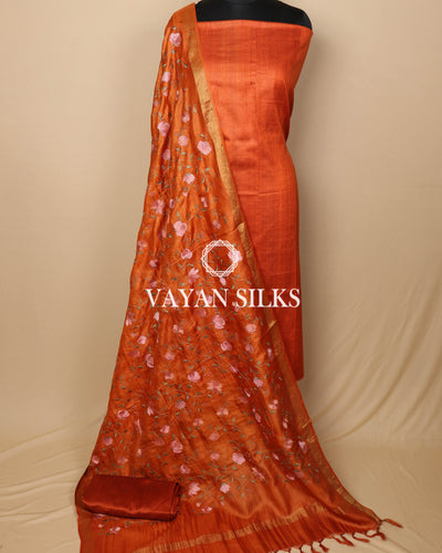 Orange Embroidered Pure Tussar Silk Unstitched Suit Set