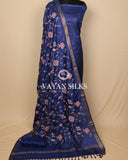 Dark Blue Embroidered Pure Tussar Silk Unstitched Suit Set