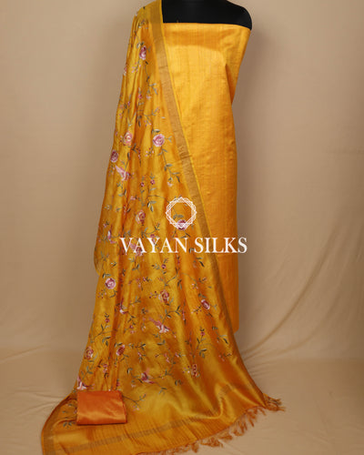 Mustard Embroidered Pure Tussar Silk Unstitched Suit Set