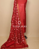 Red Embroidered Pure Tussar Silk Unstitched Suit Set