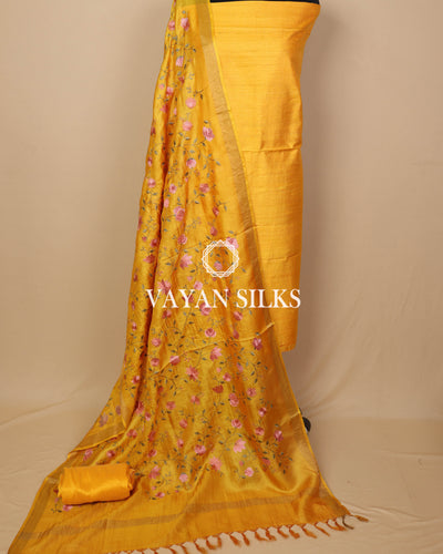 Yellow Embroidered Pure Tussar Silk Unstitched Suit Set