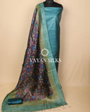 Teal Green Printed Pure Tussar Silk Unstitched Suit Set
