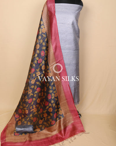 Grey Printed Pure Tussar Silk Unstitched Suit Set