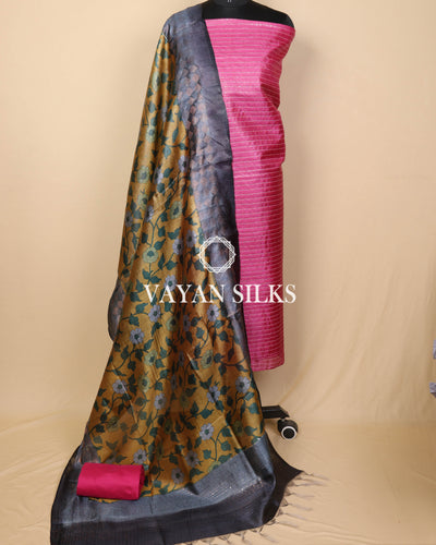 Pink Printed Pure Tussar Silk Unstitched Suit Set