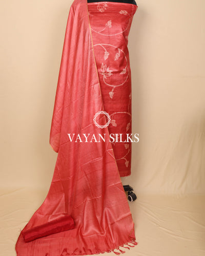 Rust Red Batik Hand Painted Pure Tussar Silk Unstitched Suit Set