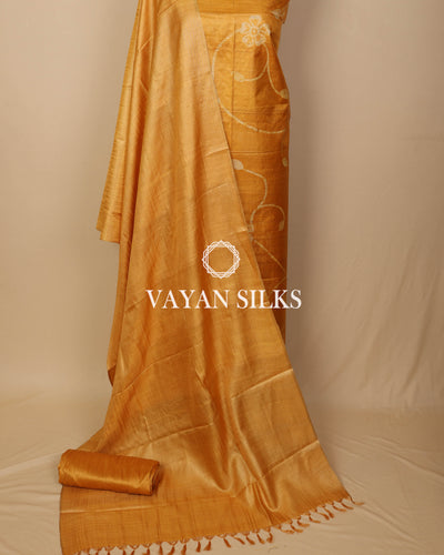 Yellow Batik Hand Painted Pure Tussar Silk Unstitched Suit Set