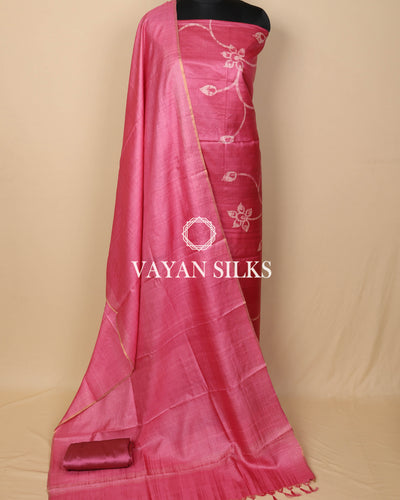 Pink Batik Hand Painted Pure Tussar Silk Unstitched Suit Set