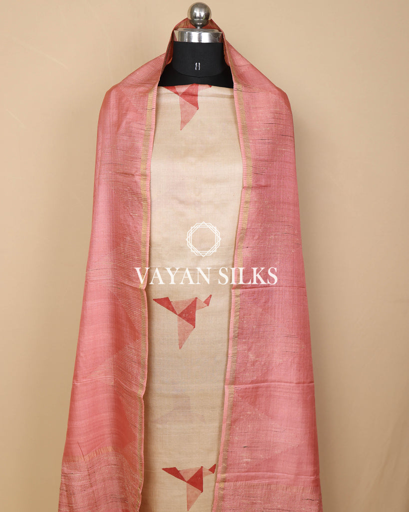 Light Pink Printed Pure Tussar Silk Unstitched Suit Set