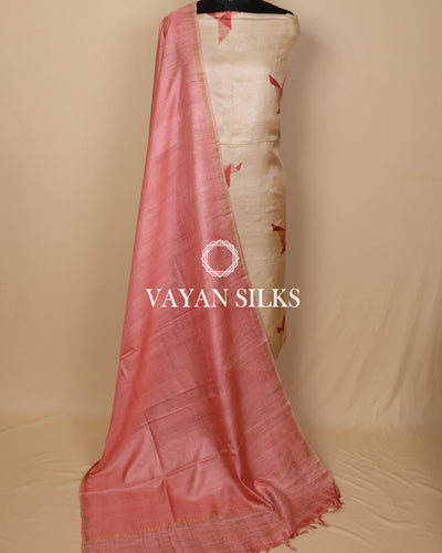 Light Pink Printed Pure Tussar Silk Unstitched Suit Set