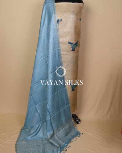 Light Blue Printed Pure Tussar Silk Unstitched Suit Set