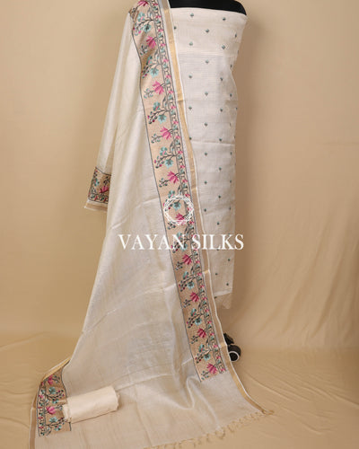 Off white Embroidered Pure Tussar Silk Unstitched Suit Set